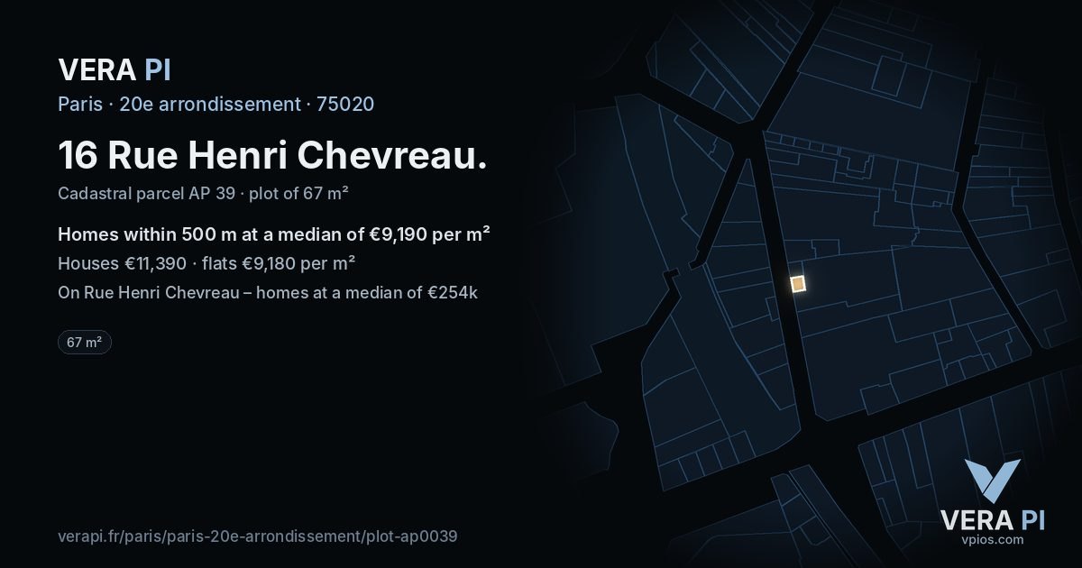 16 Rue Henri Chevreau, 20e arrondissement at night – the plot lit, the parcels around coloured by the prices near them