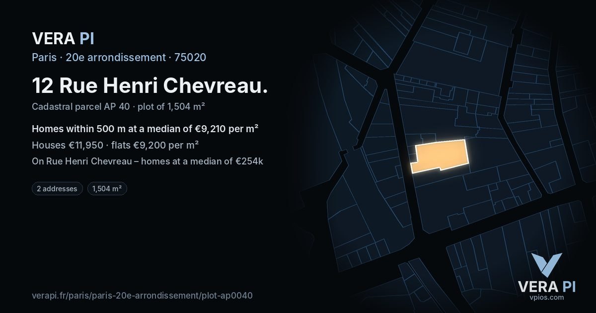 12 Rue Henri Chevreau, 20e arrondissement at night – the plot lit, the parcels around coloured by the prices near them