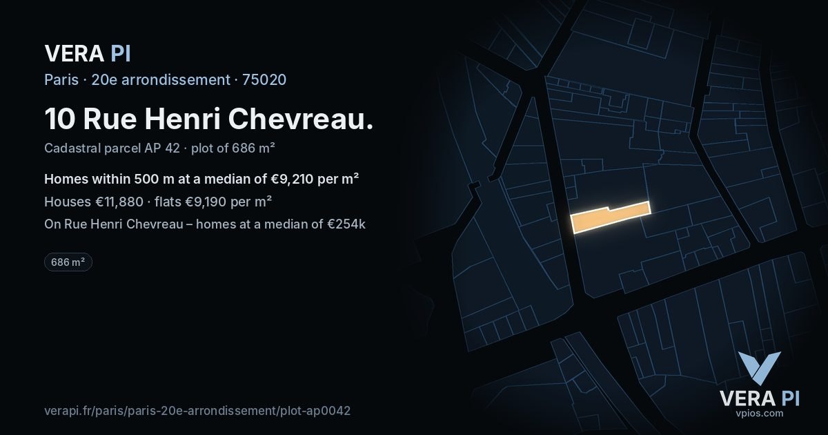 10 Rue Henri Chevreau, 20e arrondissement at night – the plot lit, the parcels around coloured by the prices near them