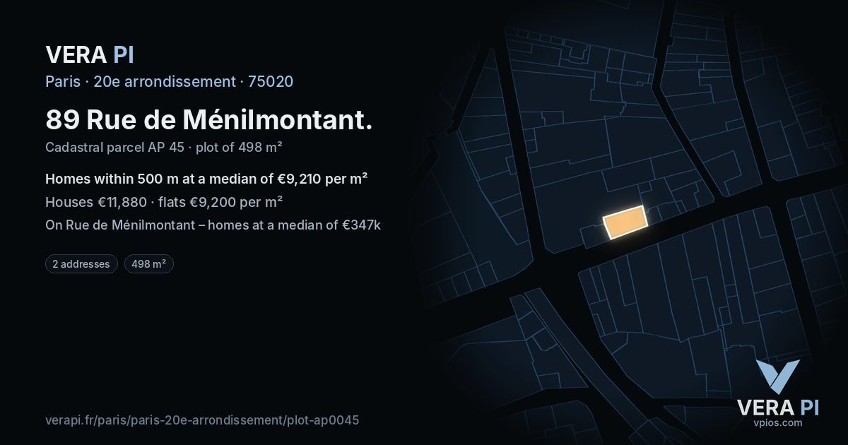 89 Rue de Ménilmontant, 20e arrondissement at night – the plot lit, the parcels around coloured by the prices near them