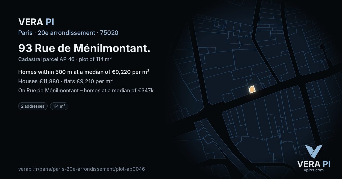 93 Rue de Ménilmontant, 20e arrondissement at night – the plot lit, the parcels around coloured by the prices near them