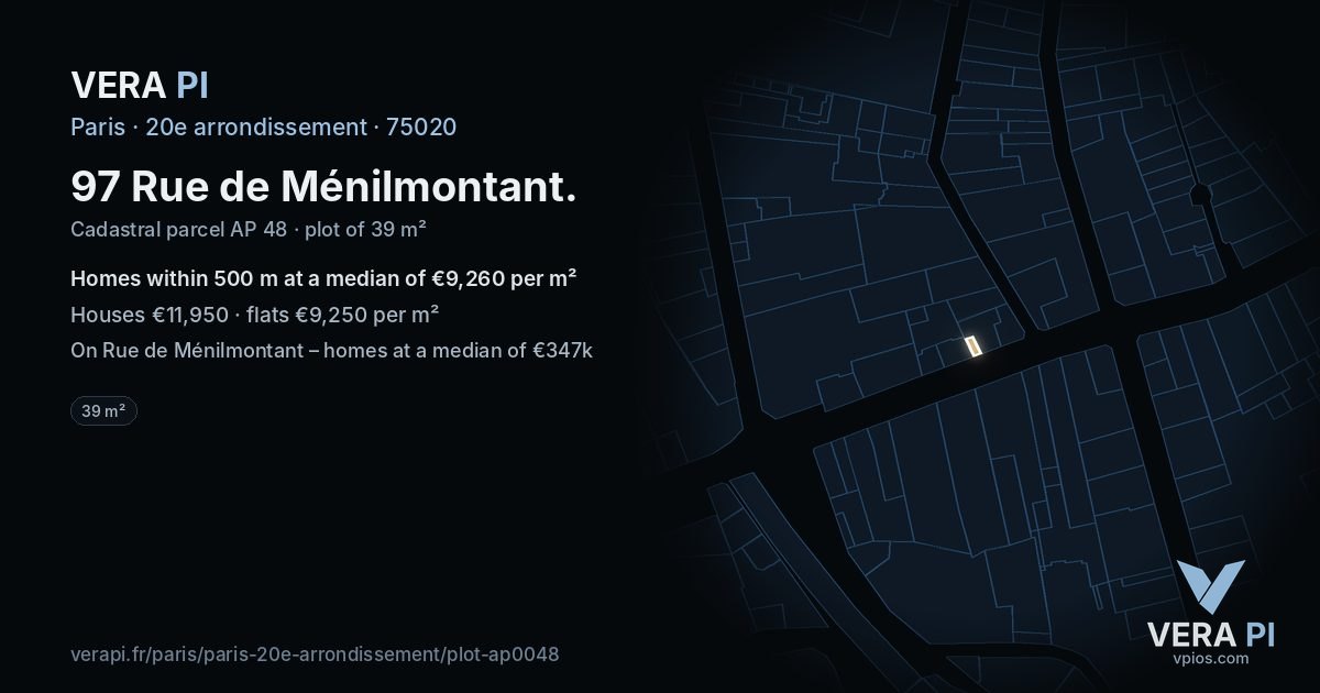 97 Rue de Ménilmontant, 20e arrondissement at night – the plot lit, the parcels around coloured by the prices near them