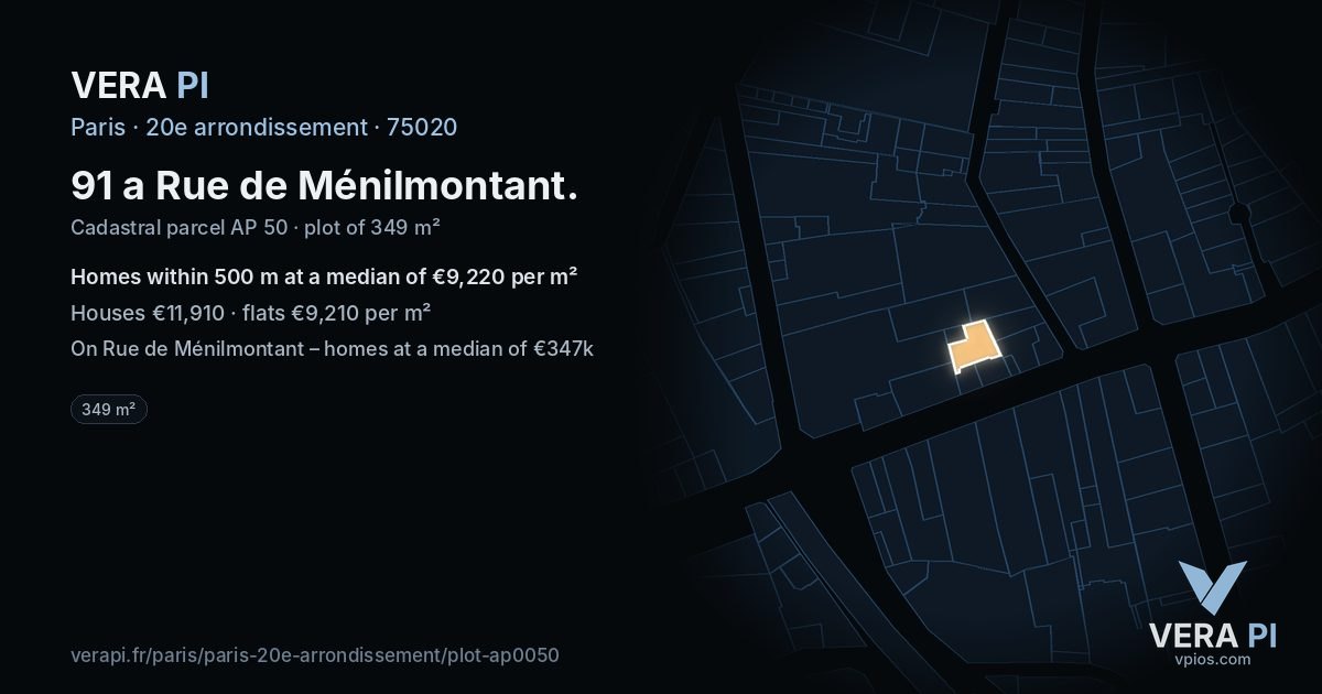 91 a Rue de Ménilmontant, 20e arrondissement at night – the plot lit, the parcels around coloured by the prices near them