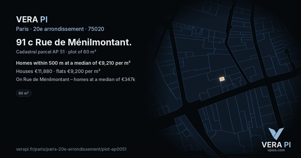 91 c Rue de Ménilmontant, 20e arrondissement at night – the plot lit, the parcels around coloured by the prices near them