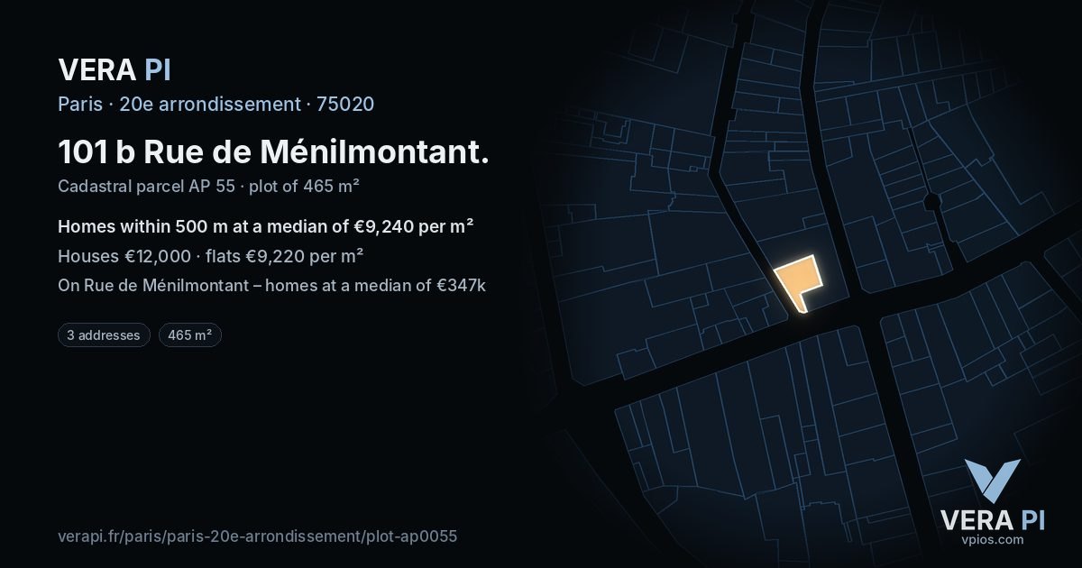 101 b Rue de Ménilmontant, 20e arrondissement at night – the plot lit, the parcels around coloured by the prices near them