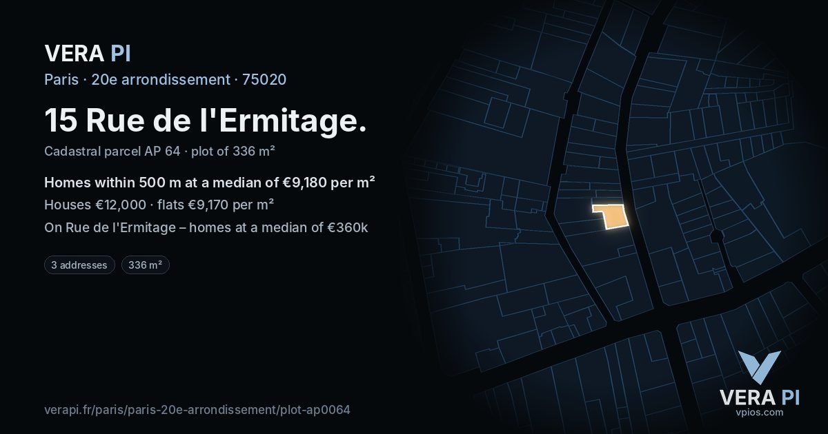 15 Rue de l'Ermitage, 20e arrondissement at night – the plot lit, the parcels around coloured by the prices near them