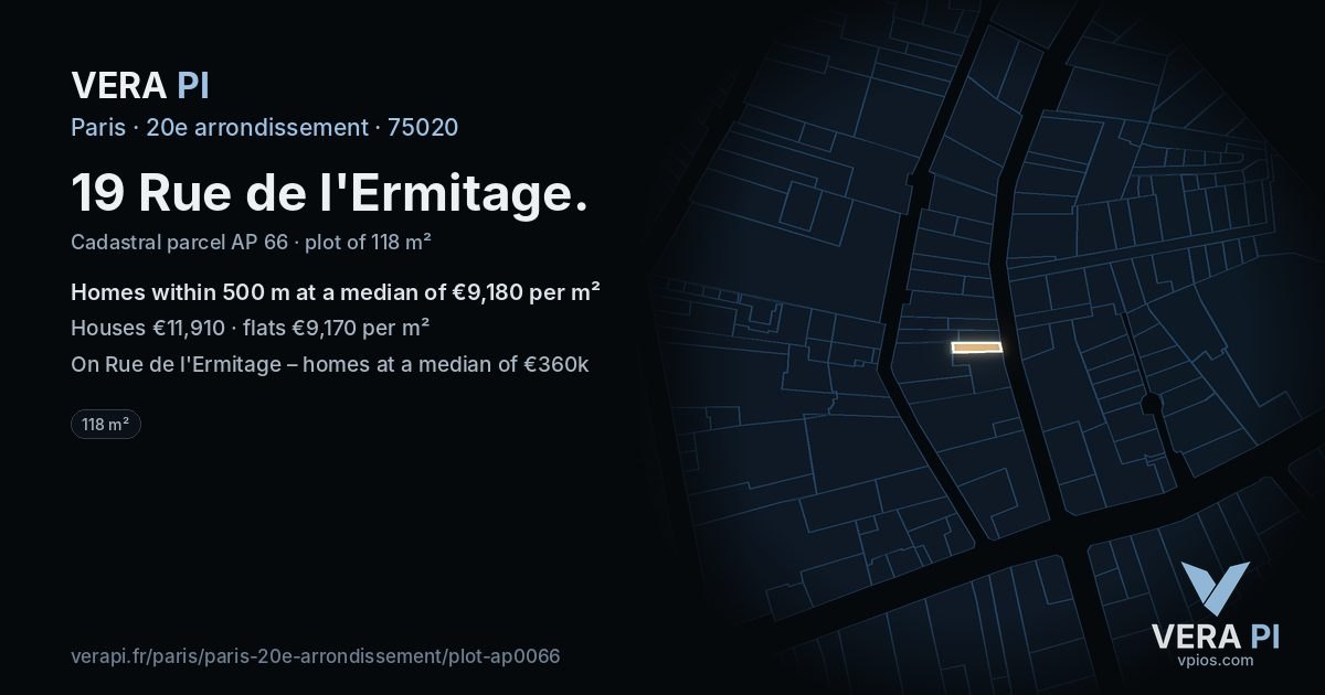 19 Rue de l'Ermitage, 20e arrondissement at night – the plot lit, the parcels around coloured by the prices near them