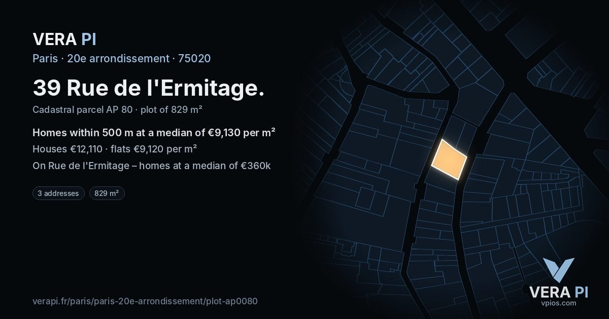 39 Rue de l'Ermitage, 20e arrondissement at night – the plot lit, the parcels around coloured by the prices near them