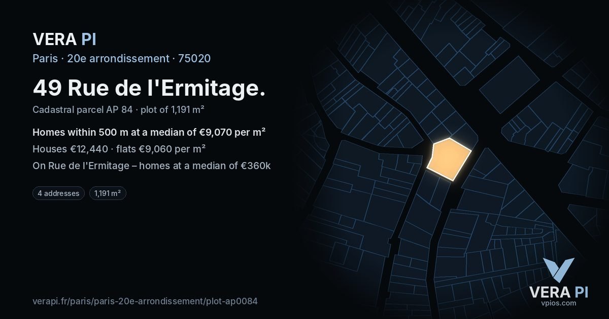 49 Rue de l'Ermitage, 20e arrondissement at night – the plot lit, the parcels around coloured by the prices near them