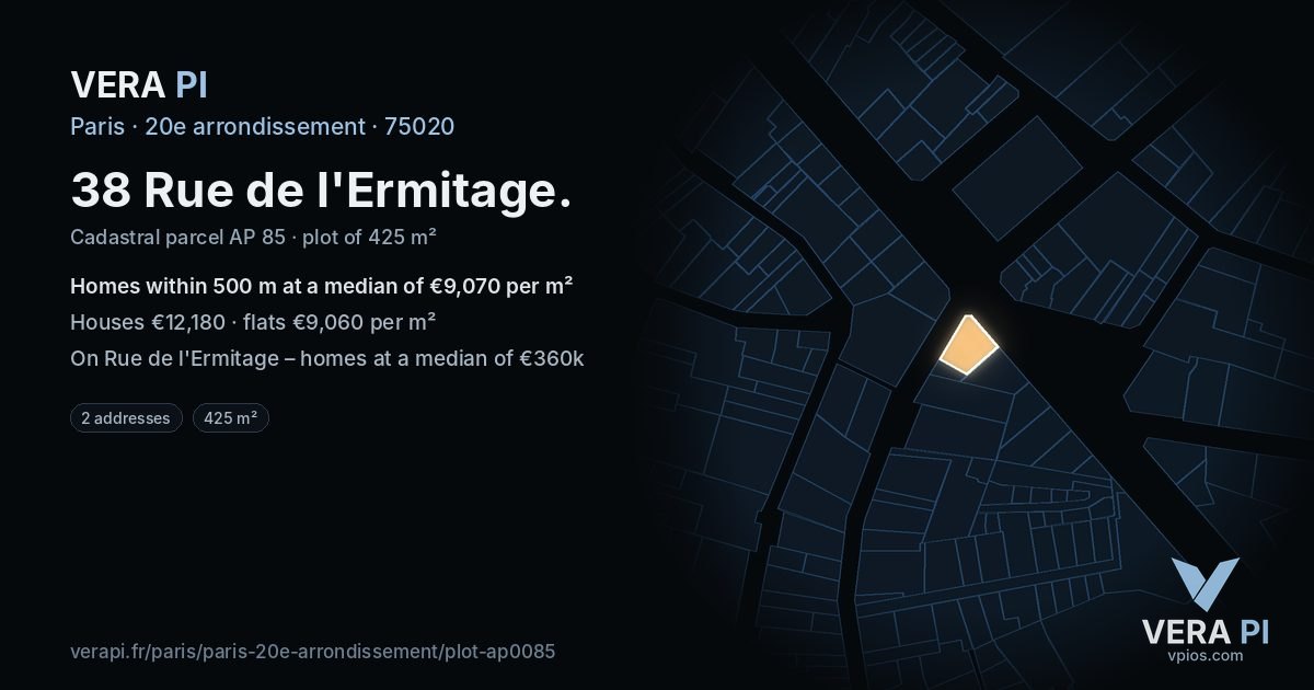 38 Rue de l'Ermitage, 20e arrondissement at night – the plot lit, the parcels around coloured by the prices near them