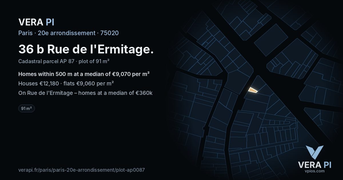 36 b Rue de l'Ermitage, 20e arrondissement at night – the plot lit, the parcels around coloured by the prices near them