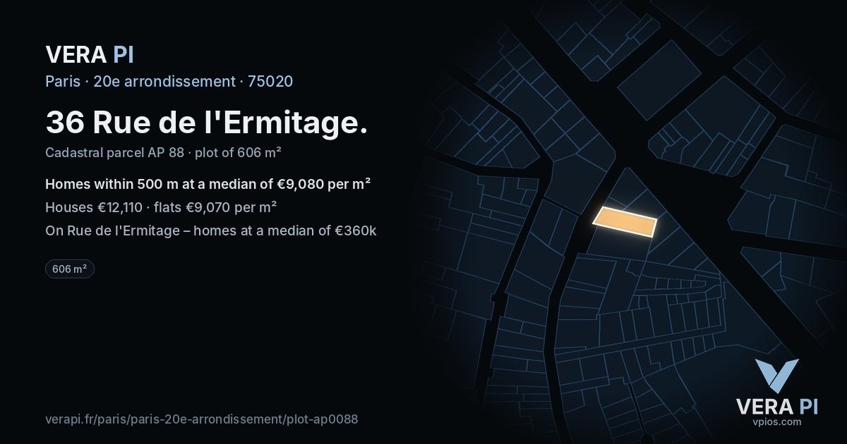 36 Rue de l'Ermitage, 20e arrondissement at night – the plot lit, the parcels around coloured by the prices near them