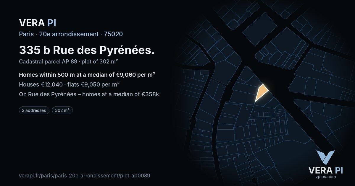 335 b Rue des Pyrénées, 20e arrondissement at night – the plot lit, the parcels around coloured by the prices near them