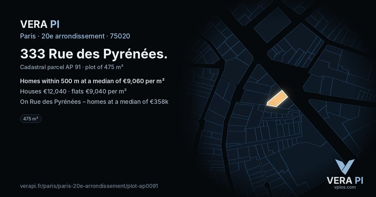 333 Rue des Pyrénées, 20e arrondissement at night – the plot lit, the parcels around coloured by the prices near them