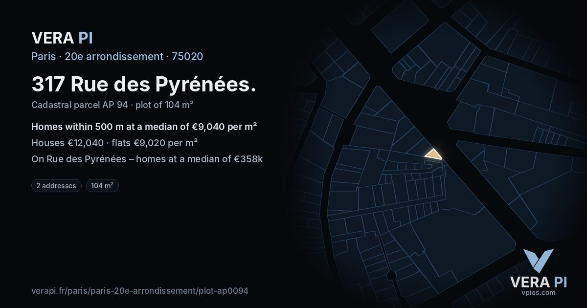 317 Rue des Pyrénées, 20e arrondissement at night – the plot lit, the parcels around coloured by the prices near them
