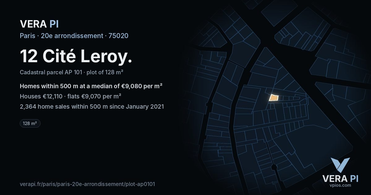 12 Cité Leroy, 20e arrondissement at night – the plot lit, the parcels around coloured by the prices near them