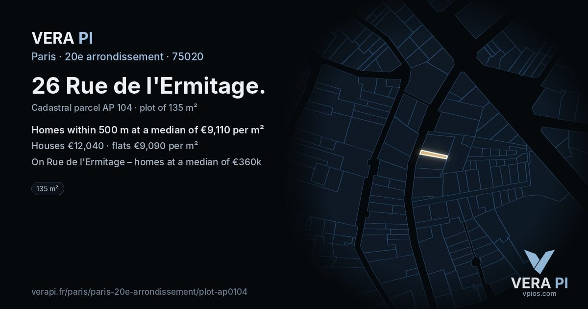 26 Rue de l'Ermitage, 20e arrondissement at night – the plot lit, the parcels around coloured by the prices near them
