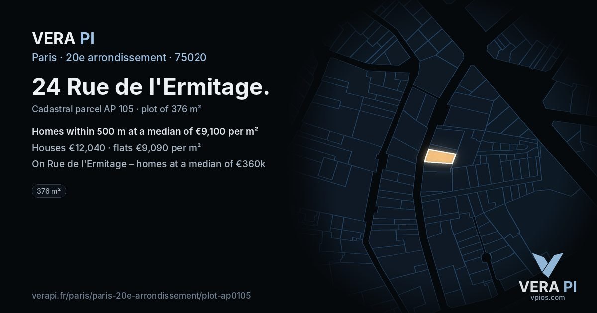 24 Rue de l'Ermitage, 20e arrondissement at night – the plot lit, the parcels around coloured by the prices near them