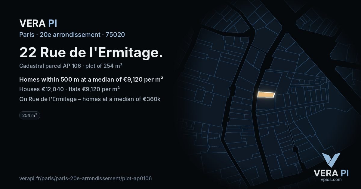 22 Rue de l'Ermitage, 20e arrondissement at night – the plot lit, the parcels around coloured by the prices near them