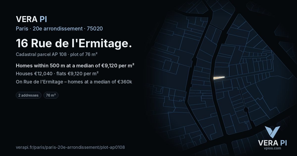 16 Rue de l'Ermitage, 20e arrondissement at night – the plot lit, the parcels around coloured by the prices near them