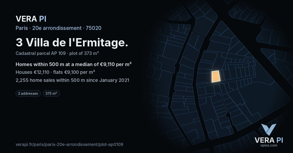 3 Villa de l'Ermitage, 20e arrondissement at night – the plot lit, the parcels around coloured by the prices near them