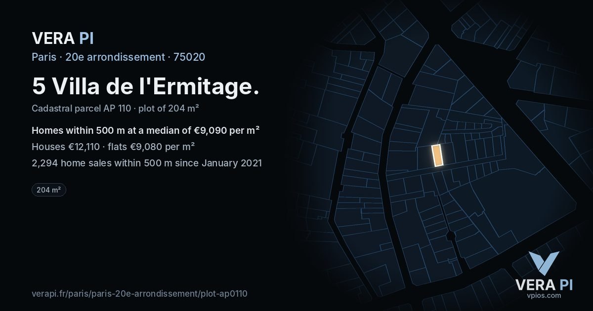 5 Villa de l'Ermitage, 20e arrondissement at night – the plot lit, the parcels around coloured by the prices near them
