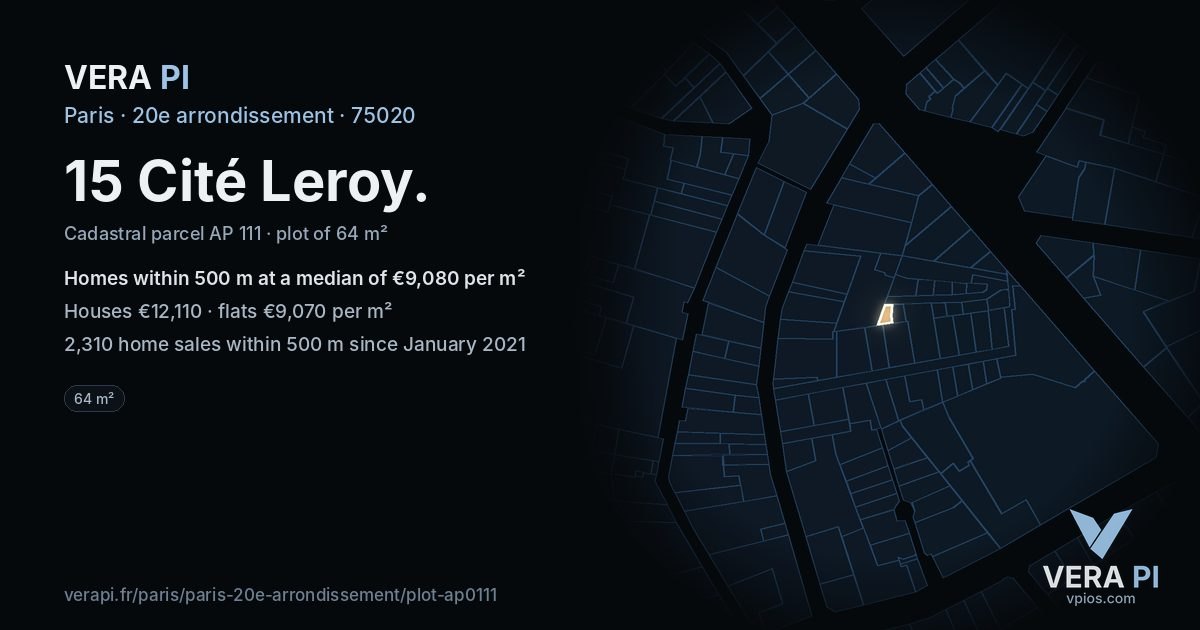 15 Cité Leroy, 20e arrondissement at night – the plot lit, the parcels around coloured by the prices near them