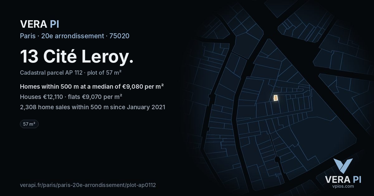 13 Cité Leroy, 20e arrondissement at night – the plot lit, the parcels around coloured by the prices near them