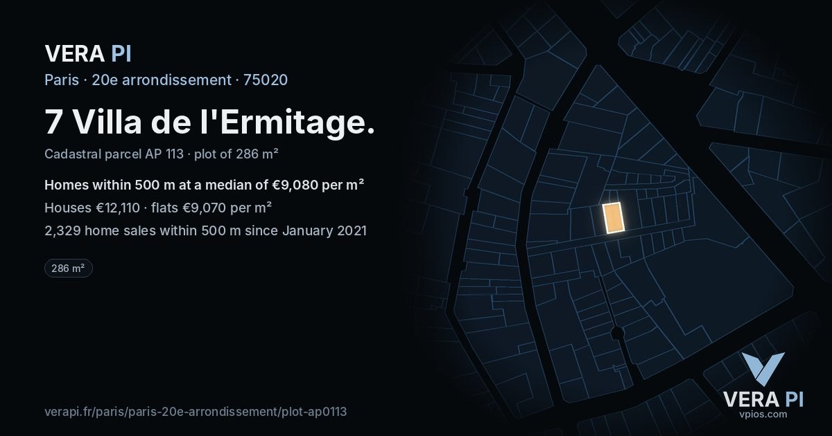 7 Villa de l'Ermitage, 20e arrondissement at night – the plot lit, the parcels around coloured by the prices near them