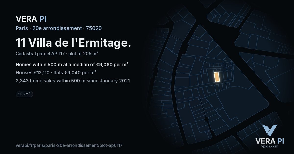 11 Villa de l'Ermitage, 20e arrondissement at night – the plot lit, the parcels around coloured by the prices near them