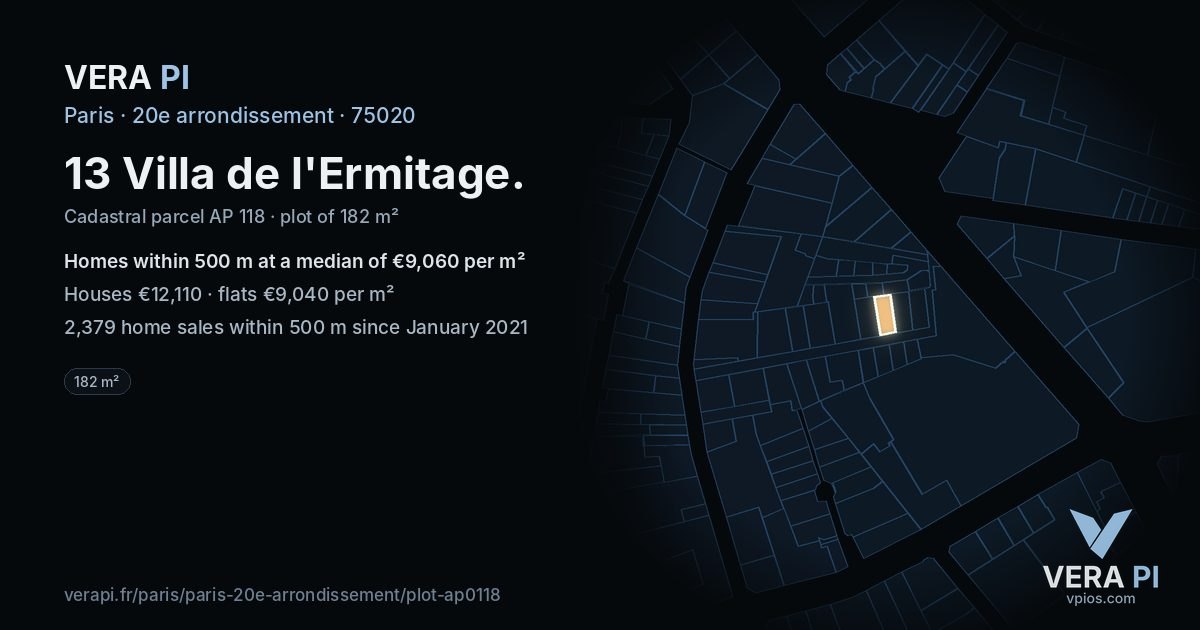 13 Villa de l'Ermitage, 20e arrondissement at night – the plot lit, the parcels around coloured by the prices near them