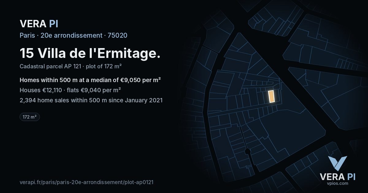 15 Villa de l'Ermitage, 20e arrondissement at night – the plot lit, the parcels around coloured by the prices near them