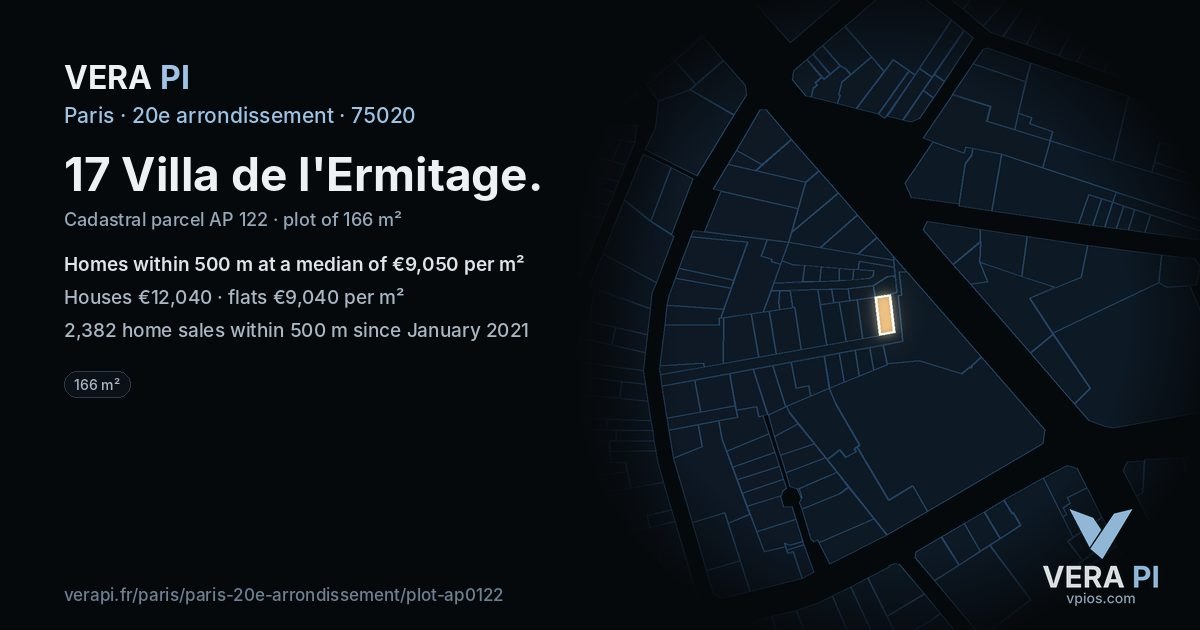 17 Villa de l'Ermitage, 20e arrondissement at night – the plot lit, the parcels around coloured by the prices near them