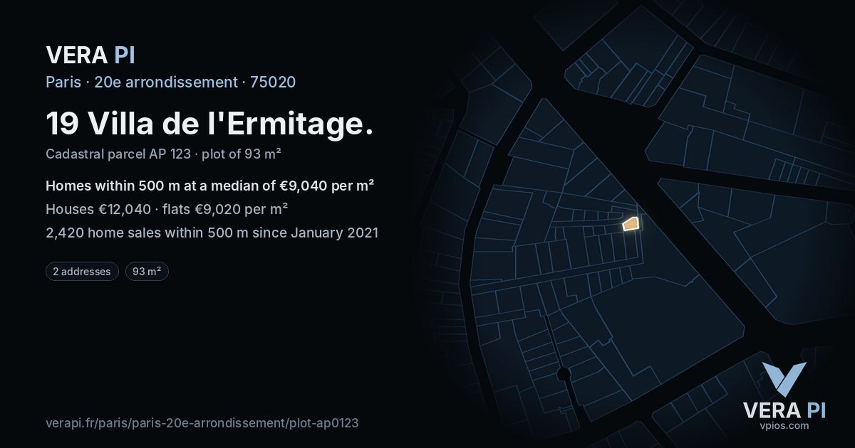 19 Villa de l'Ermitage, 20e arrondissement at night – the plot lit, the parcels around coloured by the prices near them