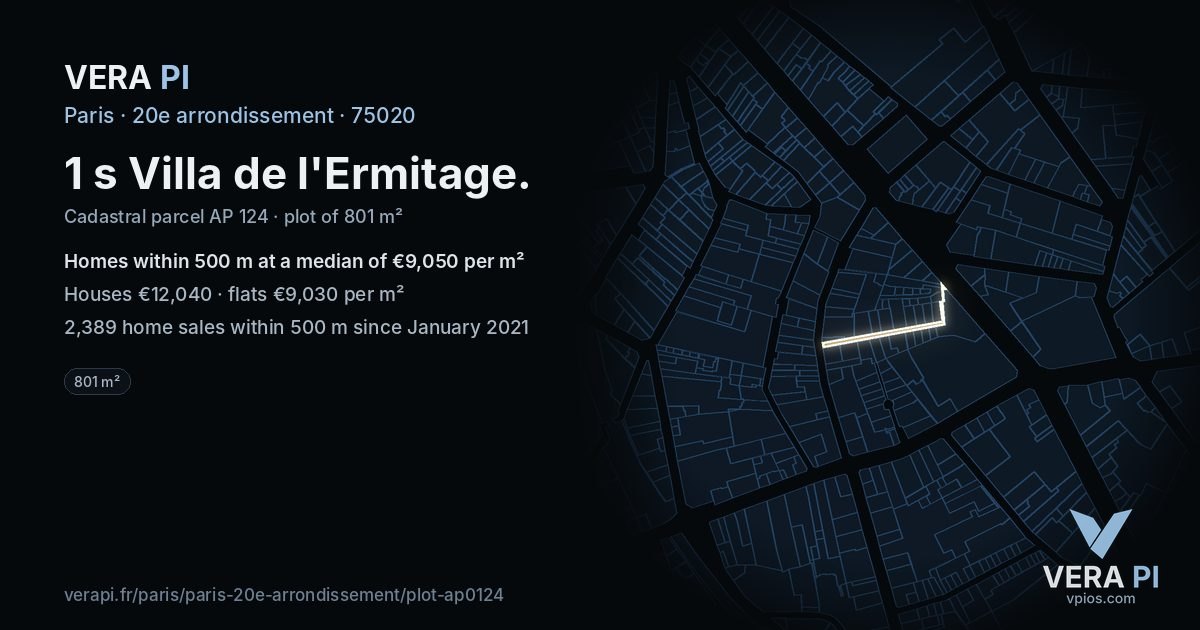 1 s Villa de l'Ermitage, 20e arrondissement at night – the plot lit, the parcels around coloured by the prices near them