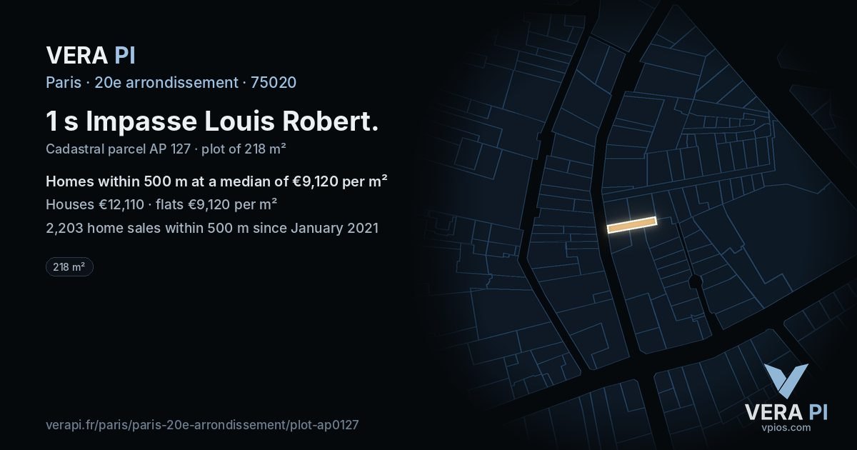 1 s Impasse Louis Robert, 20e arrondissement at night – the plot lit, the parcels around coloured by the prices near them