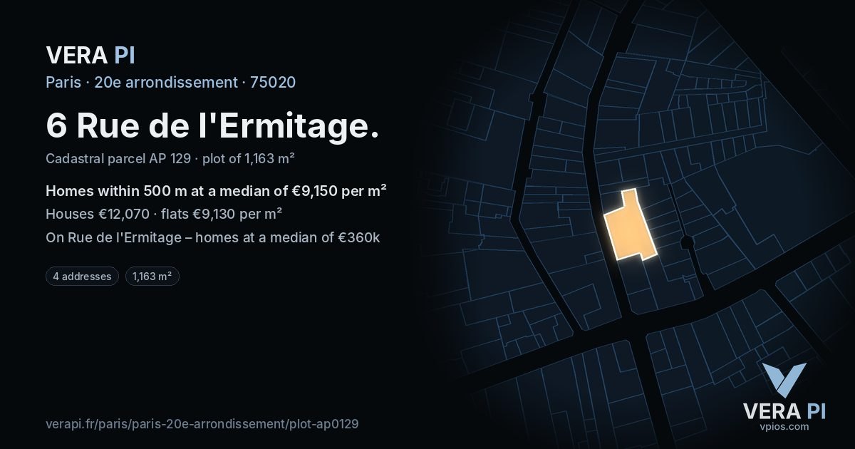 6 Rue de l'Ermitage, 20e arrondissement at night – the plot lit, the parcels around coloured by the prices near them