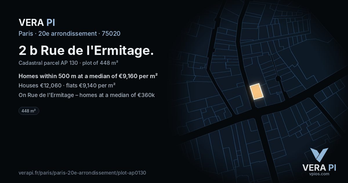 2 b Rue de l'Ermitage, 20e arrondissement at night – the plot lit, the parcels around coloured by the prices near them