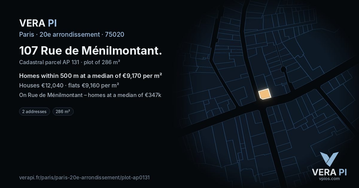107 Rue de Ménilmontant, 20e arrondissement at night – the plot lit, the parcels around coloured by the prices near them