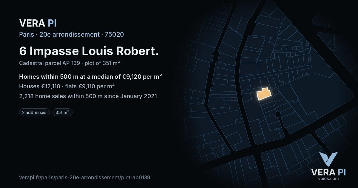 6 Impasse Louis Robert, 20e arrondissement at night – the plot lit, the parcels around coloured by the prices near them
