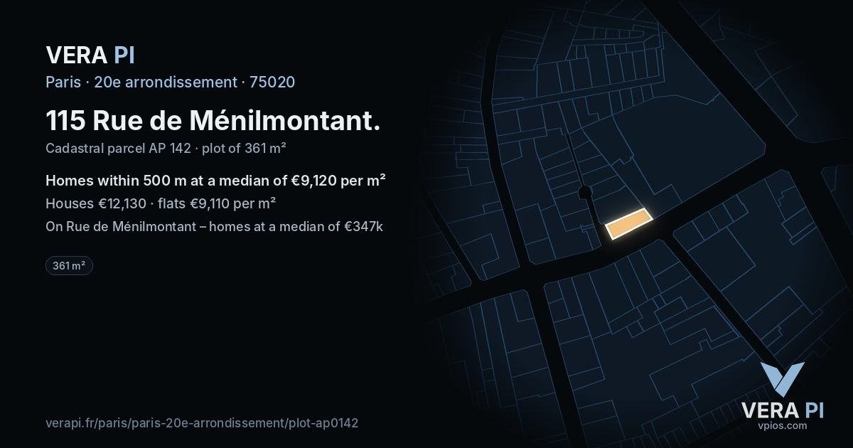 115 Rue de Ménilmontant, 20e arrondissement at night – the plot lit, the parcels around coloured by the prices near them