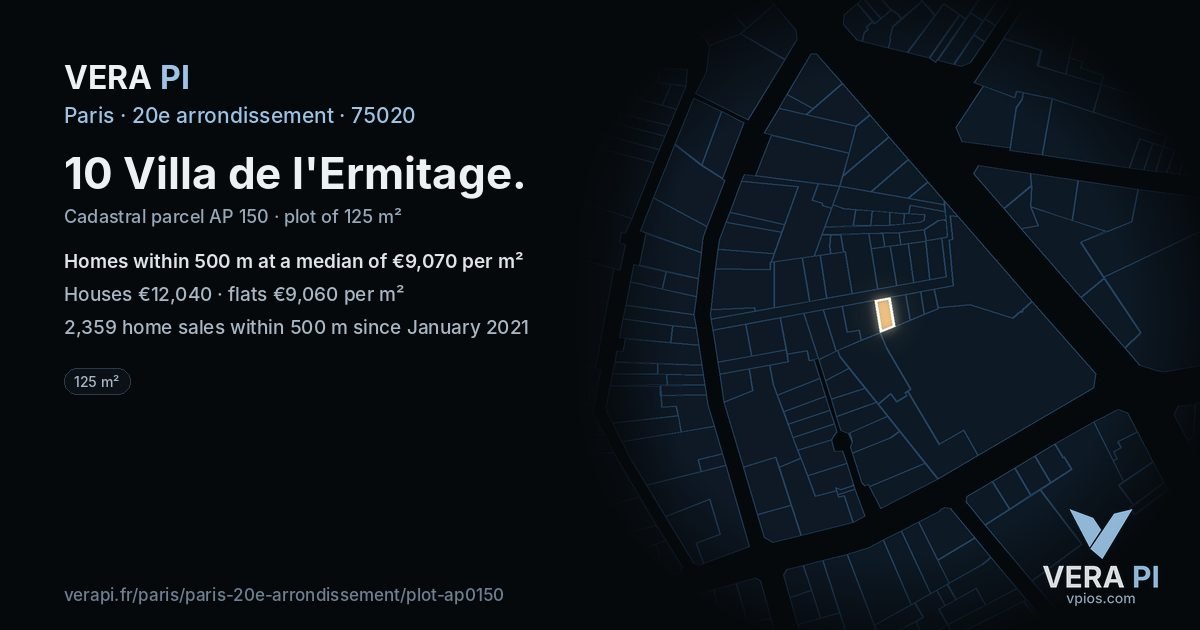 10 Villa de l'Ermitage, 20e arrondissement at night – the plot lit, the parcels around coloured by the prices near them