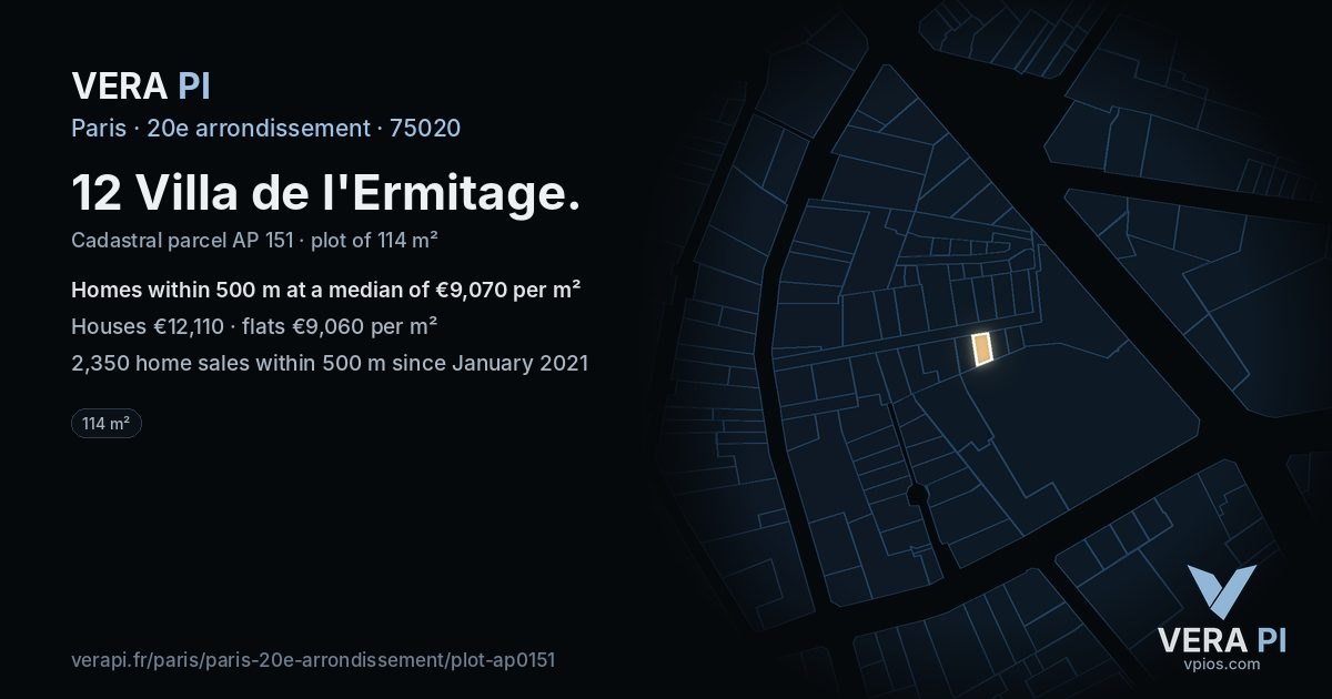 12 Villa de l'Ermitage, 20e arrondissement at night – the plot lit, the parcels around coloured by the prices near them