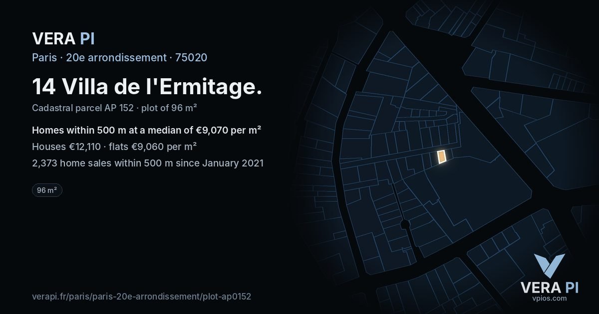 14 Villa de l'Ermitage, 20e arrondissement at night – the plot lit, the parcels around coloured by the prices near them