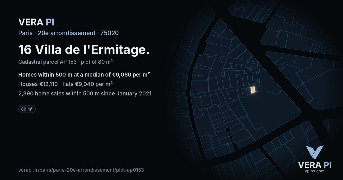 16 Villa de l'Ermitage, 20e arrondissement at night – the plot lit, the parcels around coloured by the prices near them