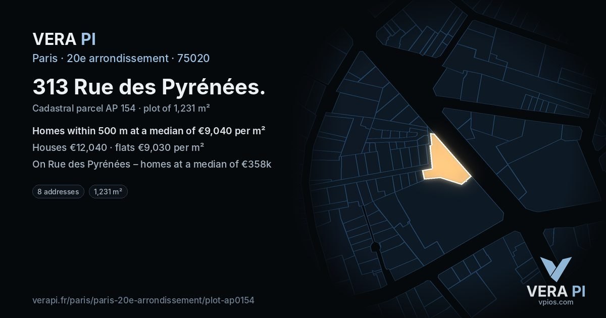 313 Rue des Pyrénées, 20e arrondissement at night – the plot lit, the parcels around coloured by the prices near them