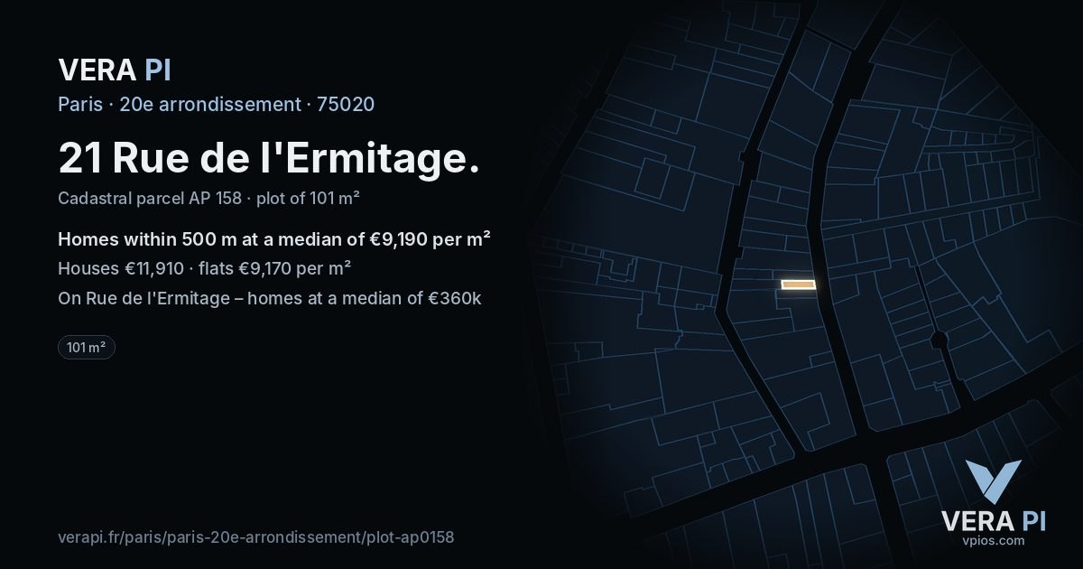 21 Rue de l'Ermitage, 20e arrondissement at night – the plot lit, the parcels around coloured by the prices near them