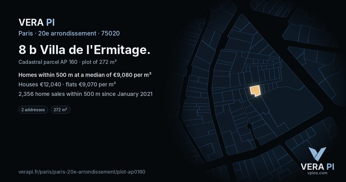 8 b Villa de l'Ermitage, 20e arrondissement at night – the plot lit, the parcels around coloured by the prices near them