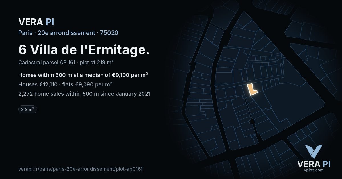 6 Villa de l'Ermitage, 20e arrondissement at night – the plot lit, the parcels around coloured by the prices near them