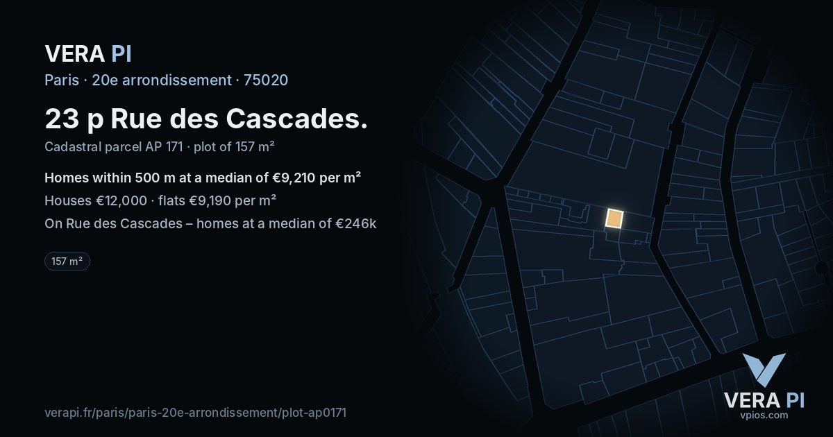 23 p Rue des Cascades, 20e arrondissement at night – the plot lit, the parcels around coloured by the prices near them